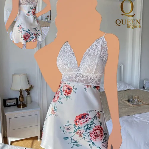 لباس خواب ساتن گلدار سفید کویین 2070 Queen