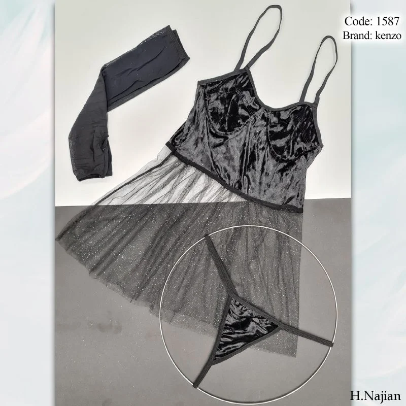 لباس خواب مخمل کوتاه عروسکی دامن تور اکلیلی کنزو 1587 Kenzo